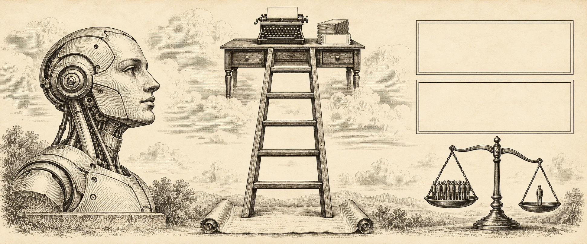 Engraving of an AI bust, a five-rung ladder from a parchment scroll up to an office desk, and a balance scale weighing ten people against one
